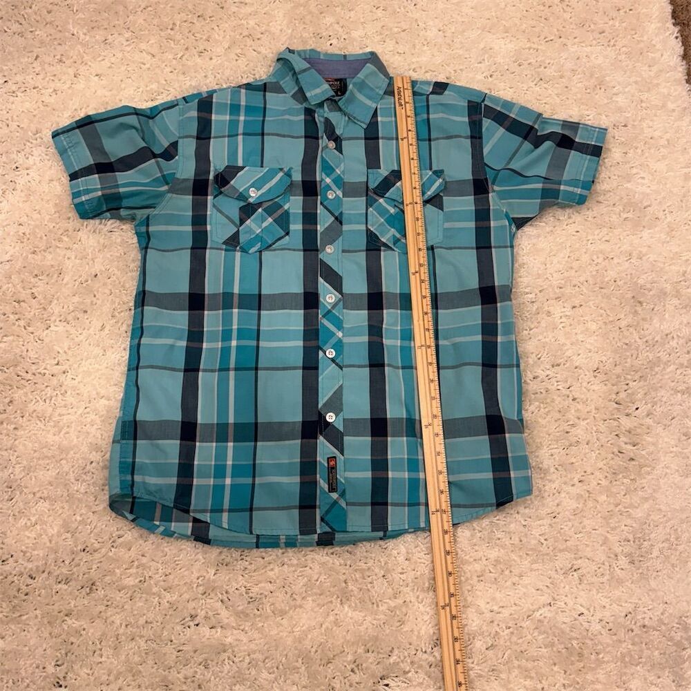 Southpole Mens Plaid Button Shirt L Blue Teal Short Sleeve Streetwear Casual - Picture 9 of 10